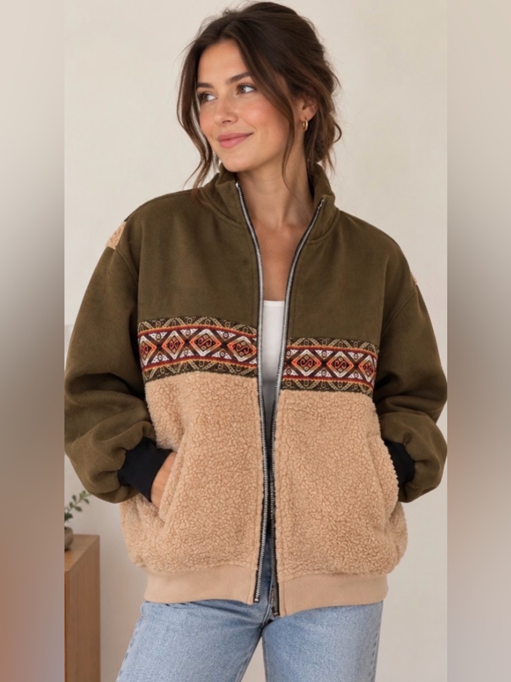 Olive Green and Beige Sherpa Zip-Up Jacket